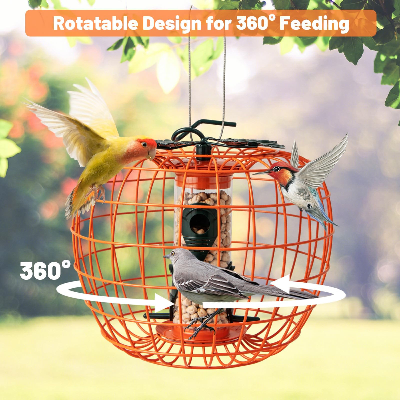 Giantex Bird Feeder, Hanging Wild Bird Feeders, Squirrel Proof Metal Frame, 4 Ports, 360° Feeding