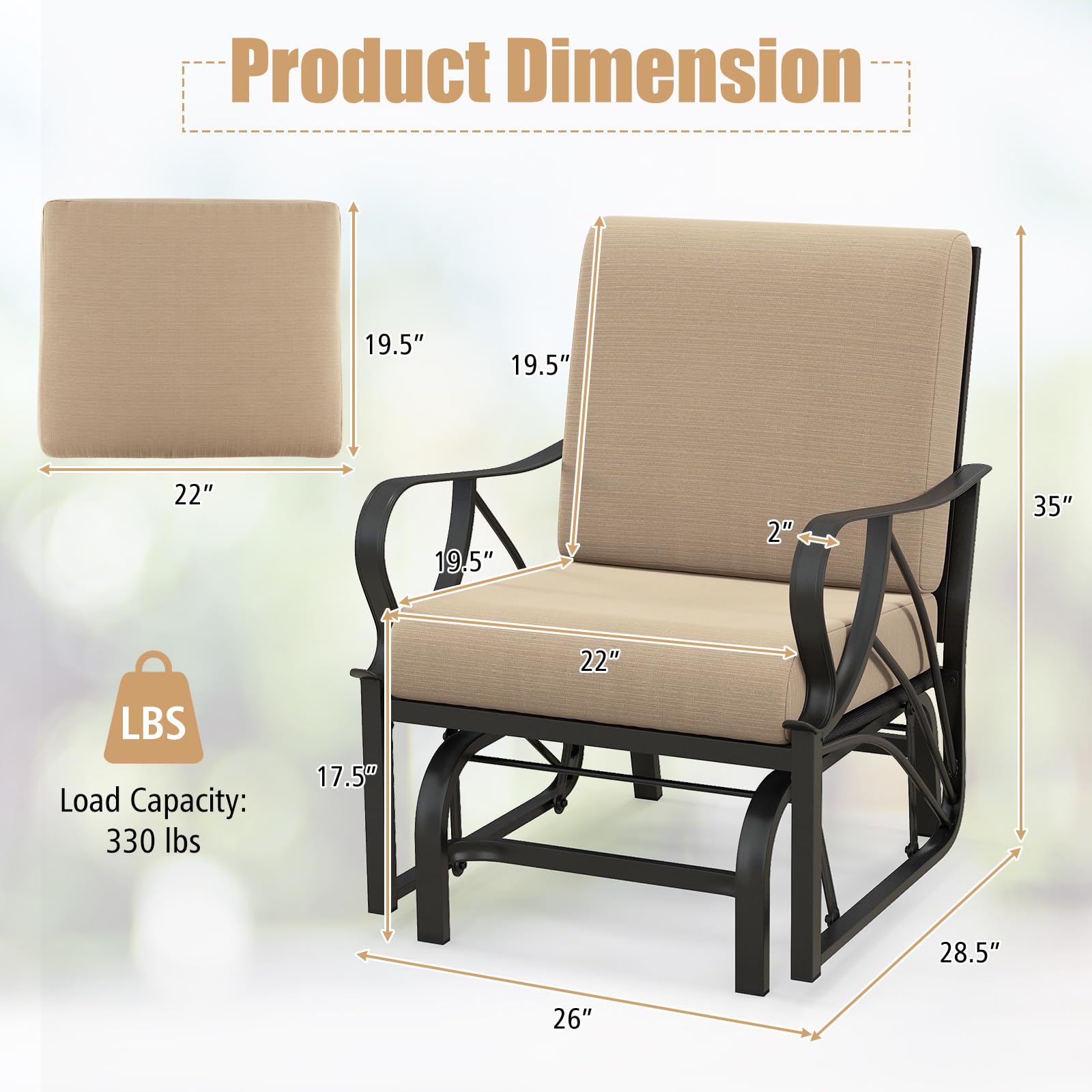 Giantex Patio Glider Outdoor Chair - Outside Rocking Chair with Thick Cushion, Sprayed Metal Frame
