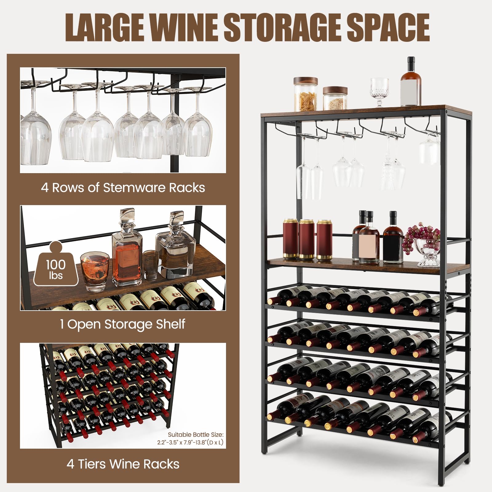 Floor Wine Rack w/ 4-Tier Wine Storage & 4 Rows of Stemware Racks