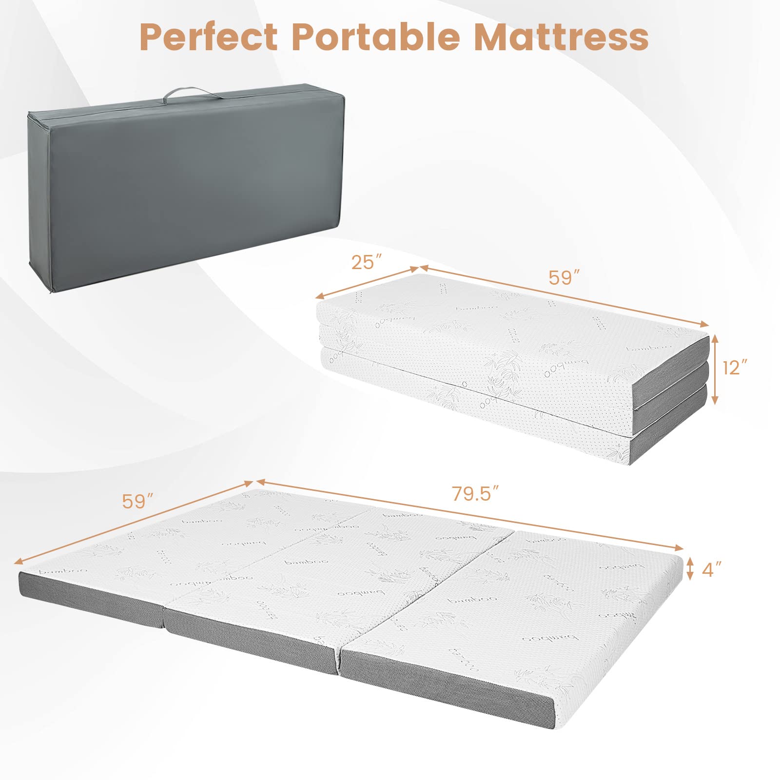 Giantex 4 Inch Tri Folding Mattress,CertiPUR-US Gel-Infused Memory Foam with Bamboo Cover Carry Bag