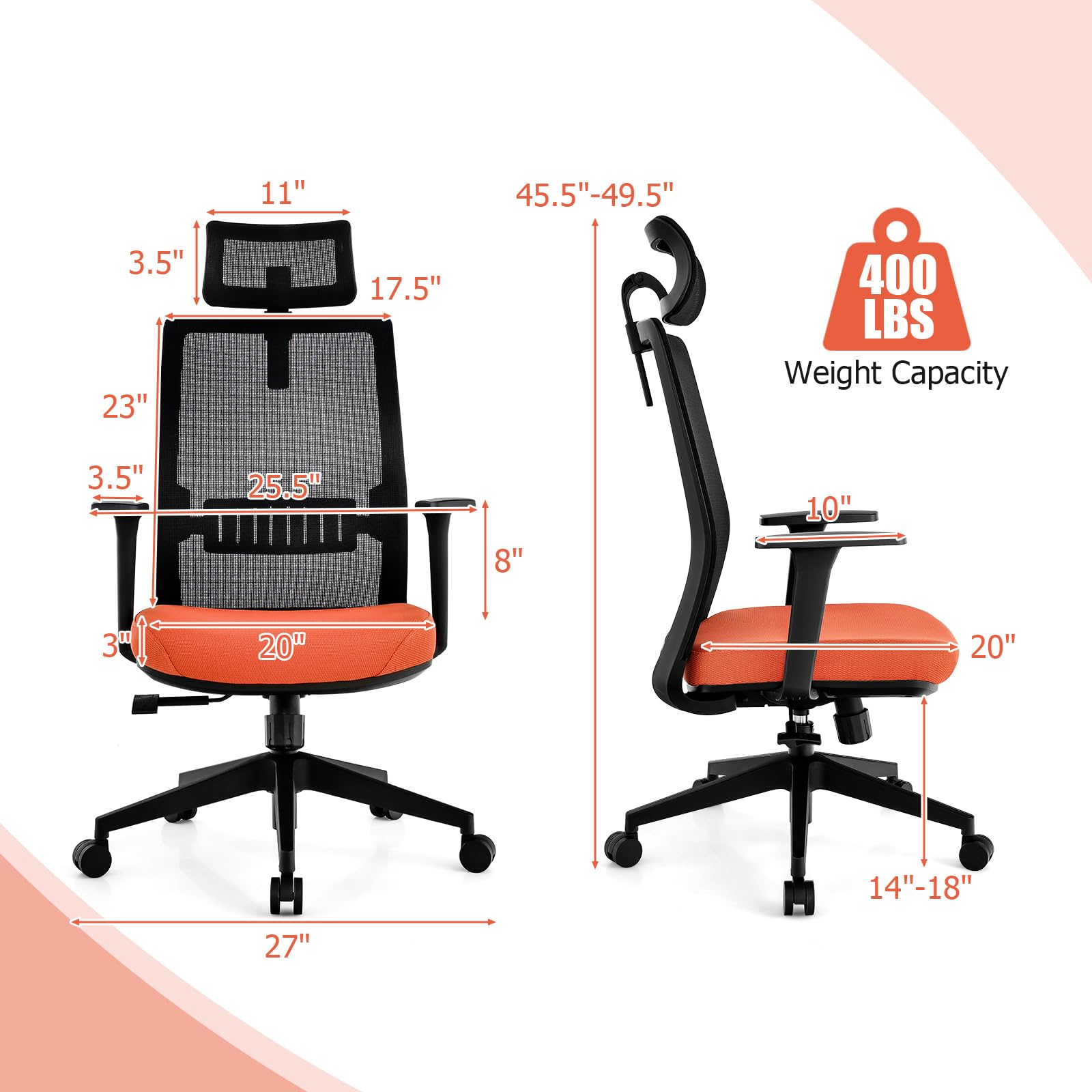 Giantex Big and Tall Office Chair 400lbs, Heavy Duty Ergonomic Mesh Chair with Adjustable Lumbar and 3D Headrest