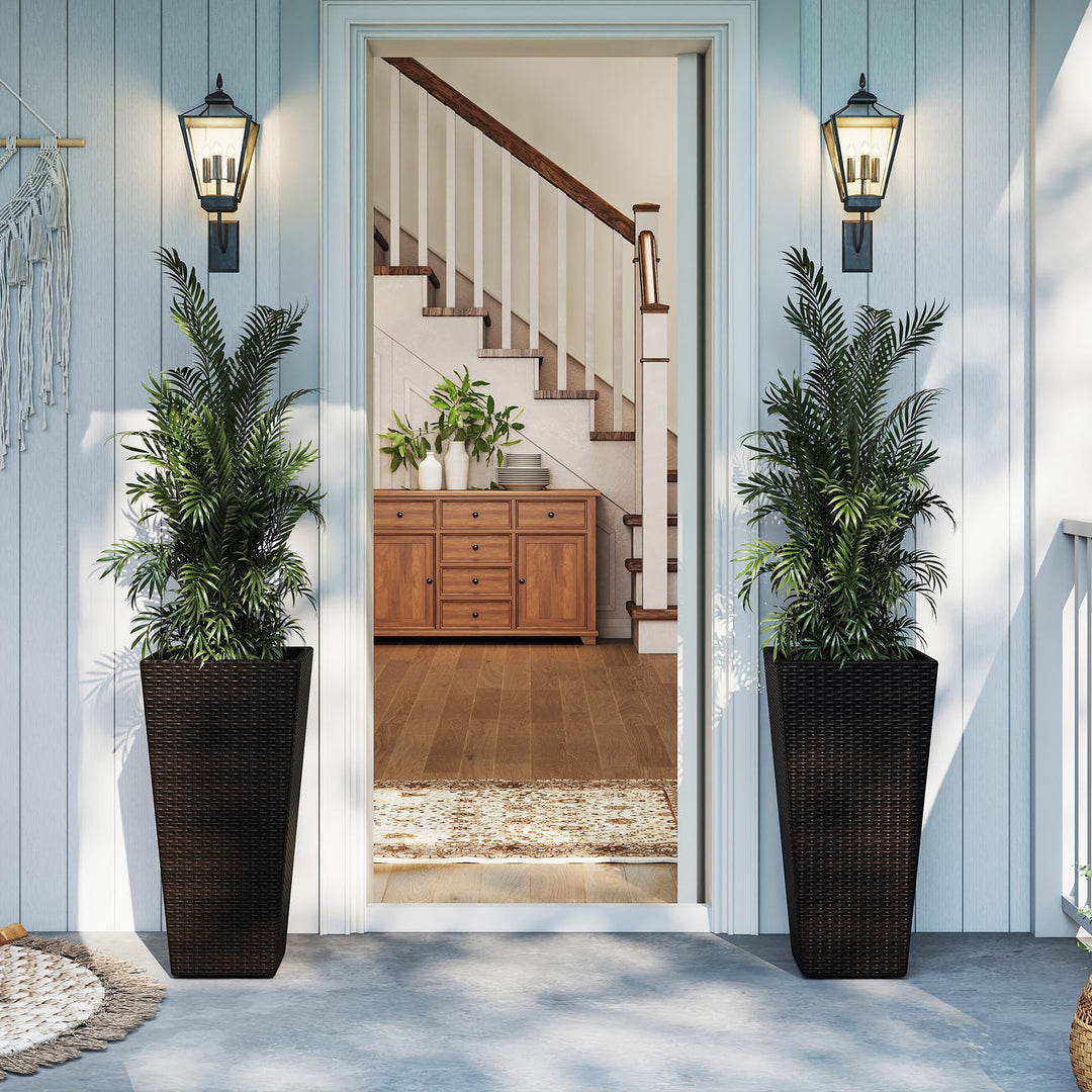 Giantex Set of 2 Outdoor Wicker Flower Pot 30 Inch Tall Planters with Drainage System PE Rattan Flower Pots