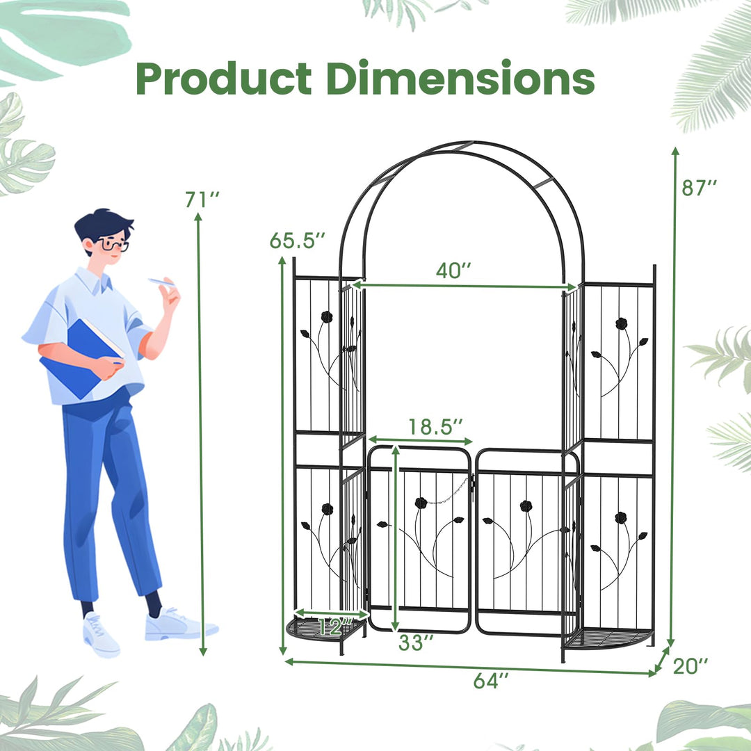 Giantex 87'' Metal Garden Arbor with Lockable Gate and Planter Shelves