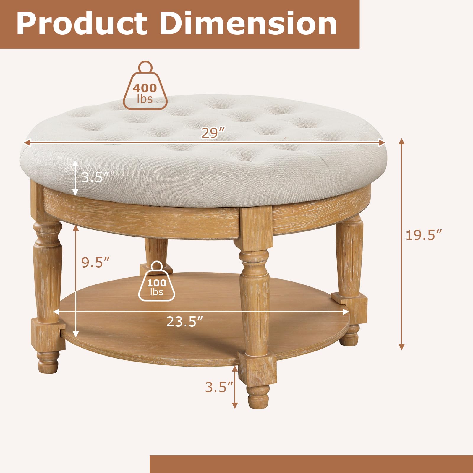 Giantex Large Ottoman Coffee Table - 29 inch Oversized Round Ottoman with Storage Shelf, Flip up Top, Wood Legs