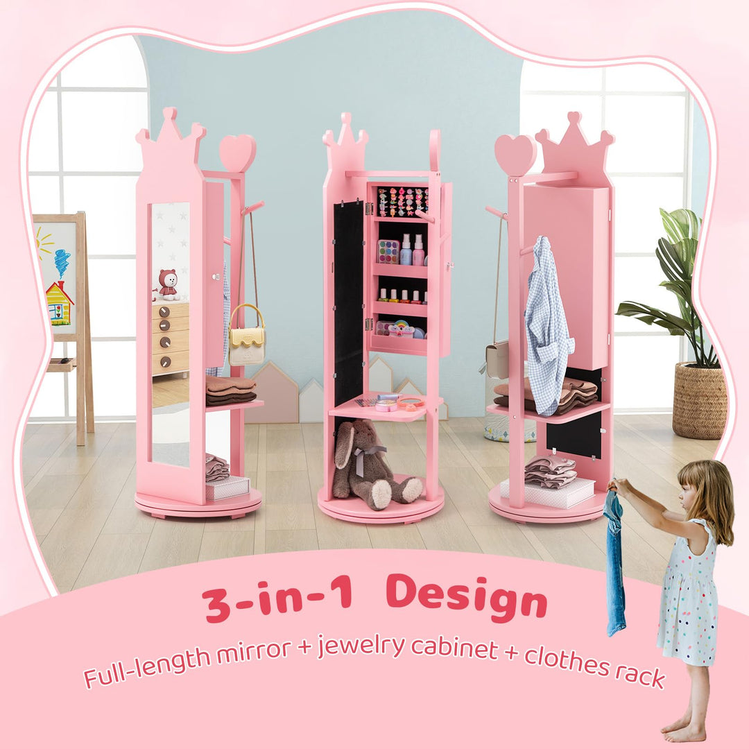 CHARMAID Kids Mirror Jewelry Cabinet - 360° Swivel Jewelry Armoire with Full Length Mirror