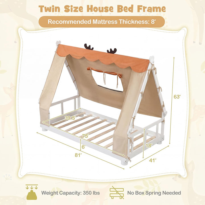 Giantex Twin Size House Floor Wood Bed with Tent