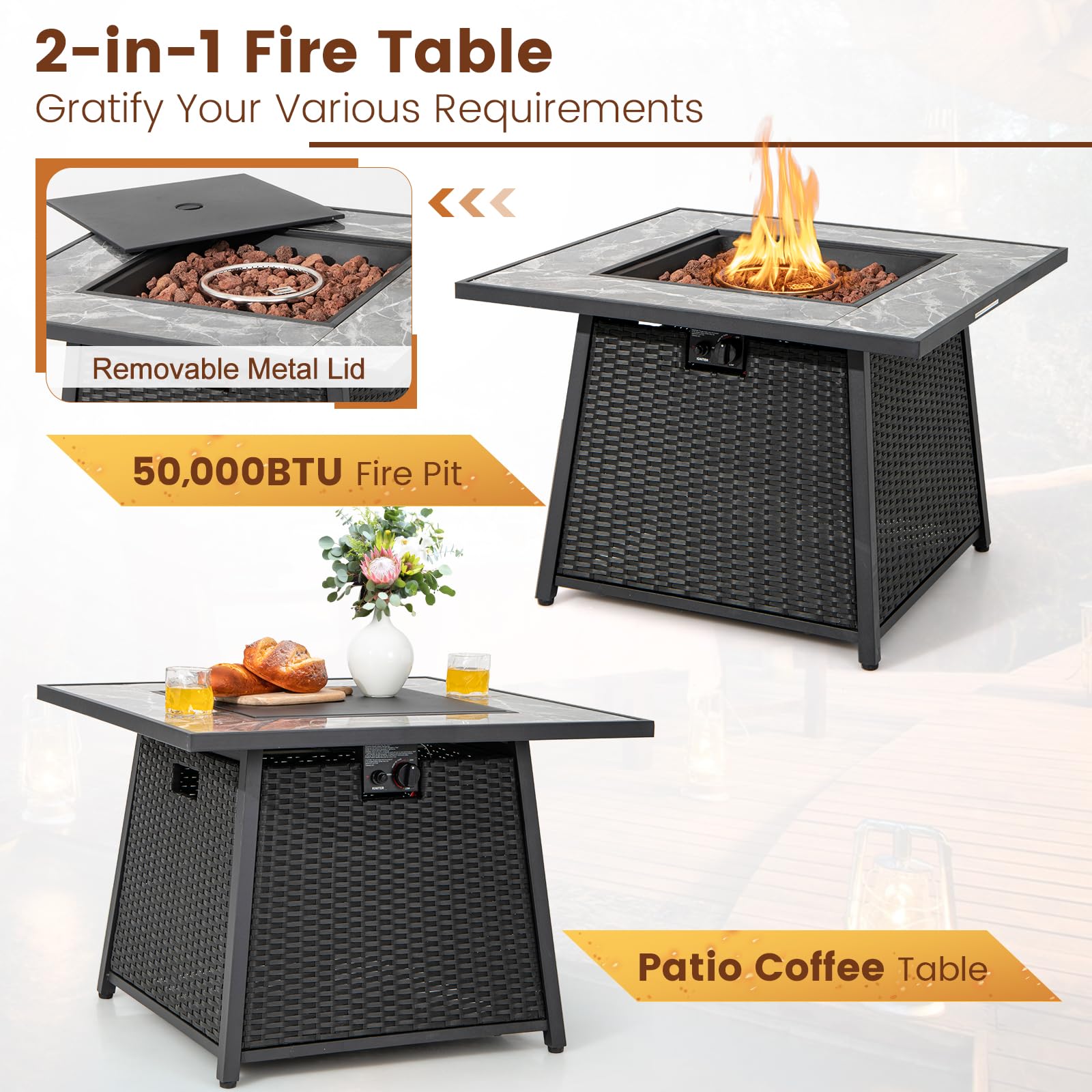 Giantex 35" Rattan Propane Gas Fire Pit - Outdoor Gas Fire Table