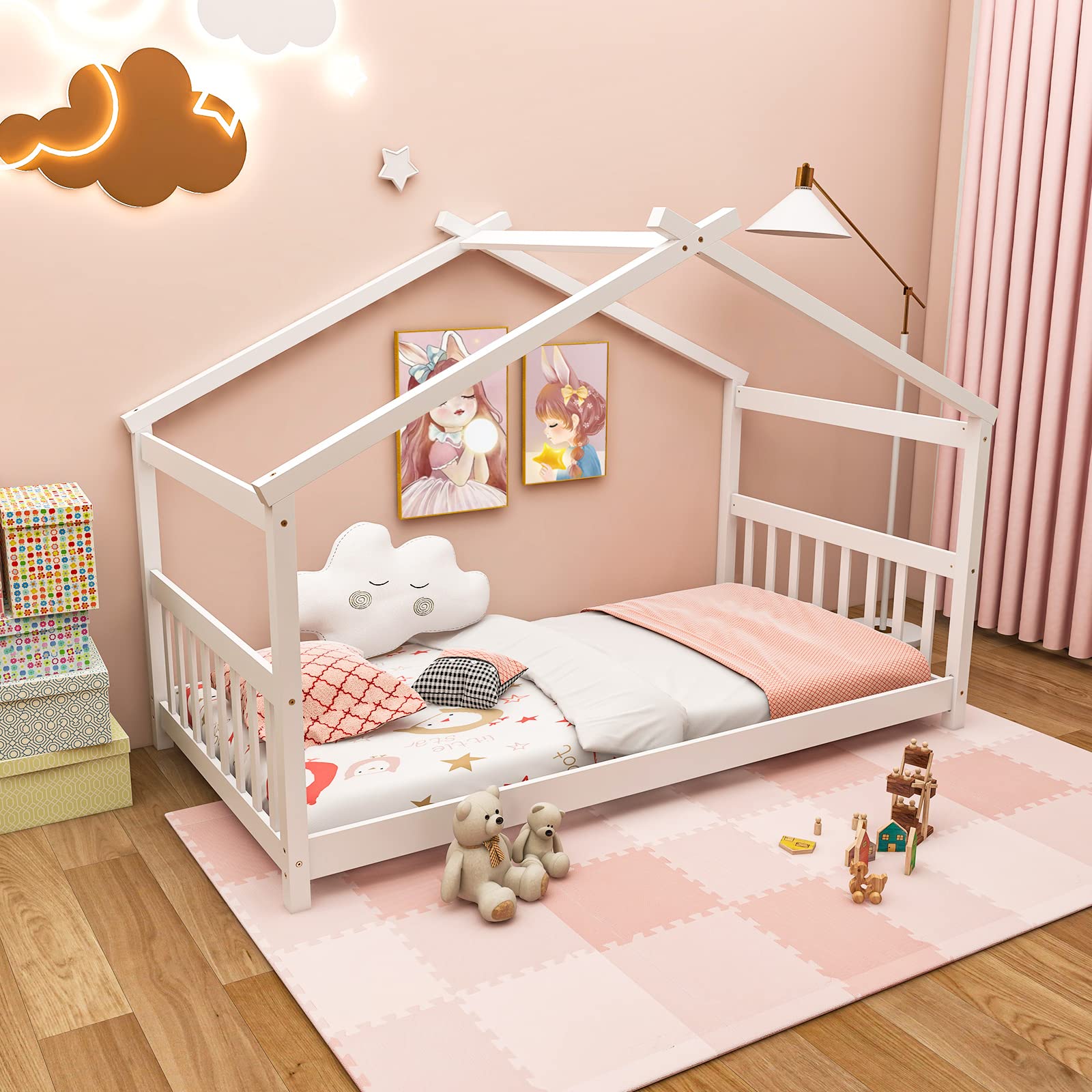 Giantex House Bed Twin, Solid Wood Kids House Bed with Roof