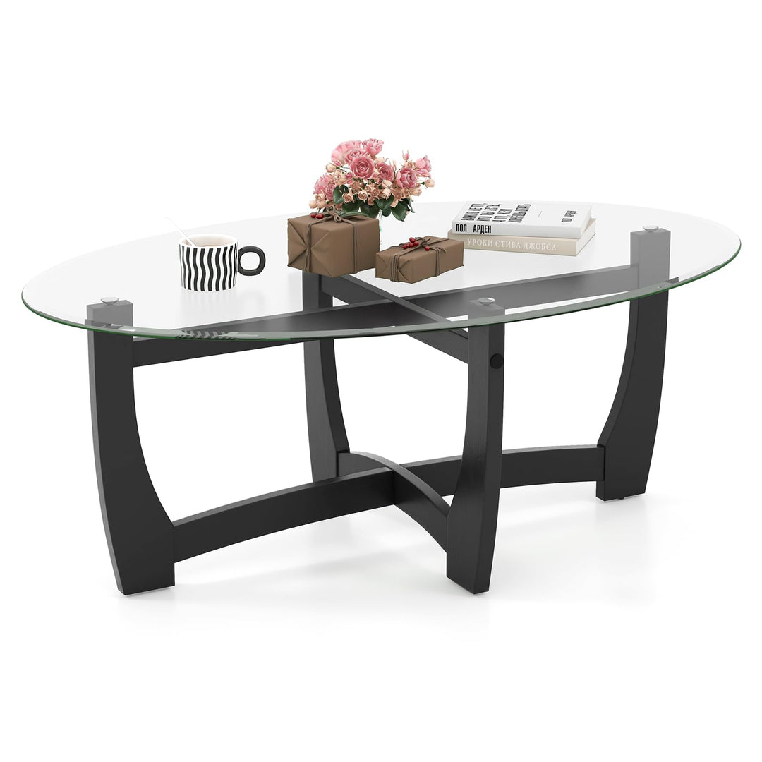 Giantex Glass Coffee Table, 48" Oval Accent Tea Table with Tempered Glass Top & Solid Wood Structure