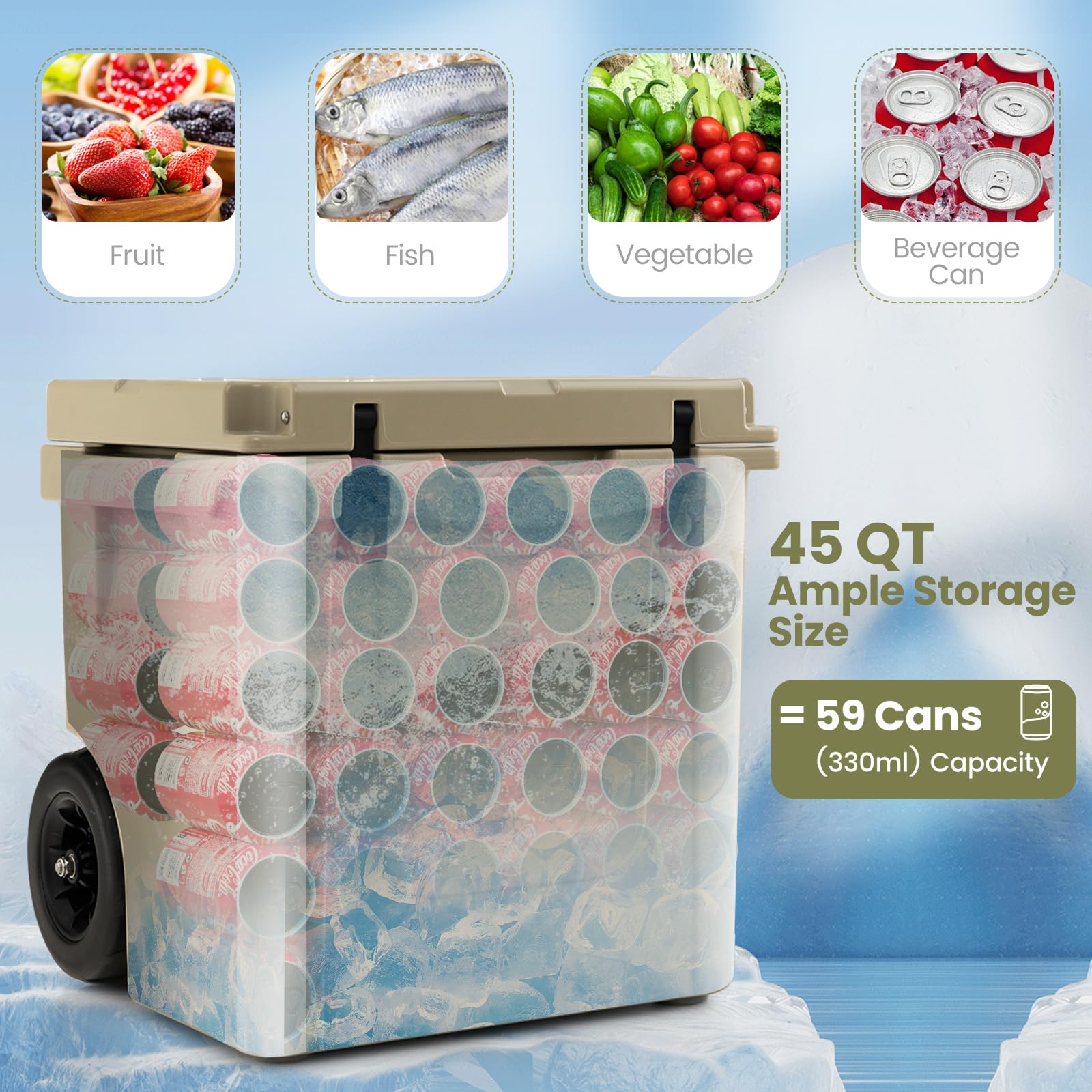 Giantex Cooler with Wheels, 45 Quart Rolling Cooler with All Terrain Wheels