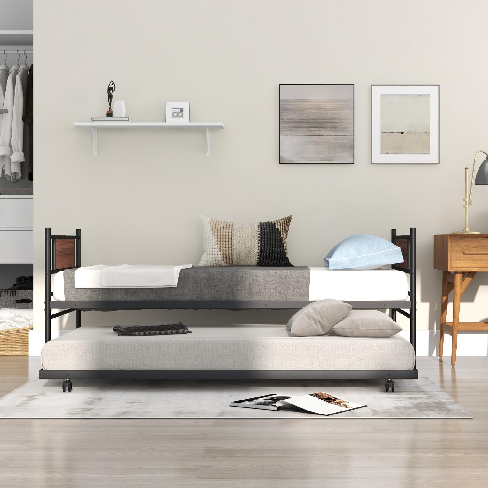 Giantex Metal Daybed with Trundle, Twin Size Day Bed with Wood Grain Headboard & Metal Slat Support