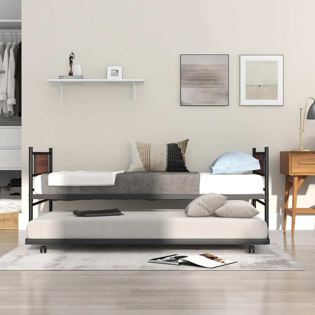 Giantex Metal Daybed with Trundle, Twin Size Day Bed with Wood Grain Headboard & Metal Slat Support