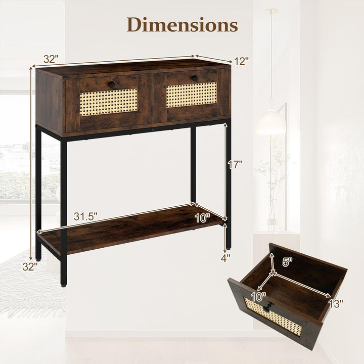 Giantex Rattan Console Table 32" Boho Entryway Table with 2 Drawers