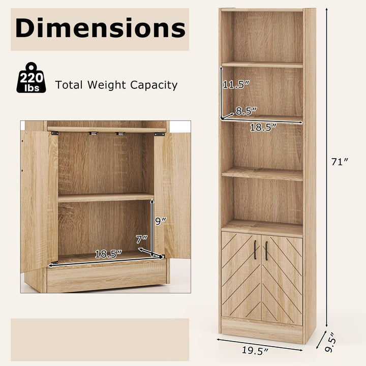 Giantex 6-Tier Bookshelf with Double Doors, 71" Tall Bookcase w/ 4 Open Cubes & 3 Adjustable Shelves