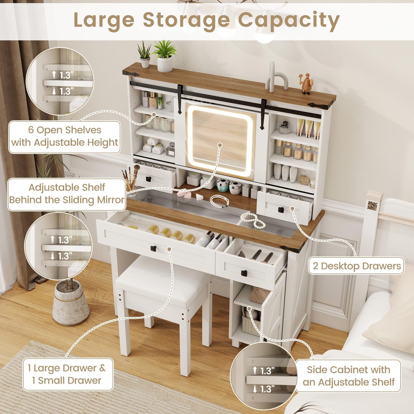 CHARMAID Farmhouse Vanity Desk with Barn-Style Sliding Mirror, Lights & Stool (42" Wide,White & Brown)