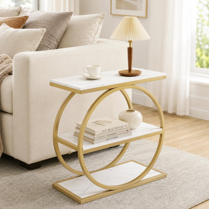 GIANTEX 3-Tier Faux Marble Narrow End Table with Storage &amp; Gold Geometric Metal Frame (1/2)