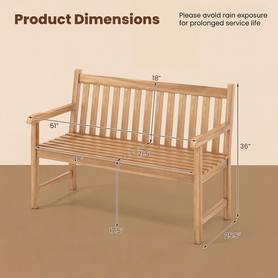 GIANTEX 51" Teak Wood 2-Person Patio Bench with Armrests