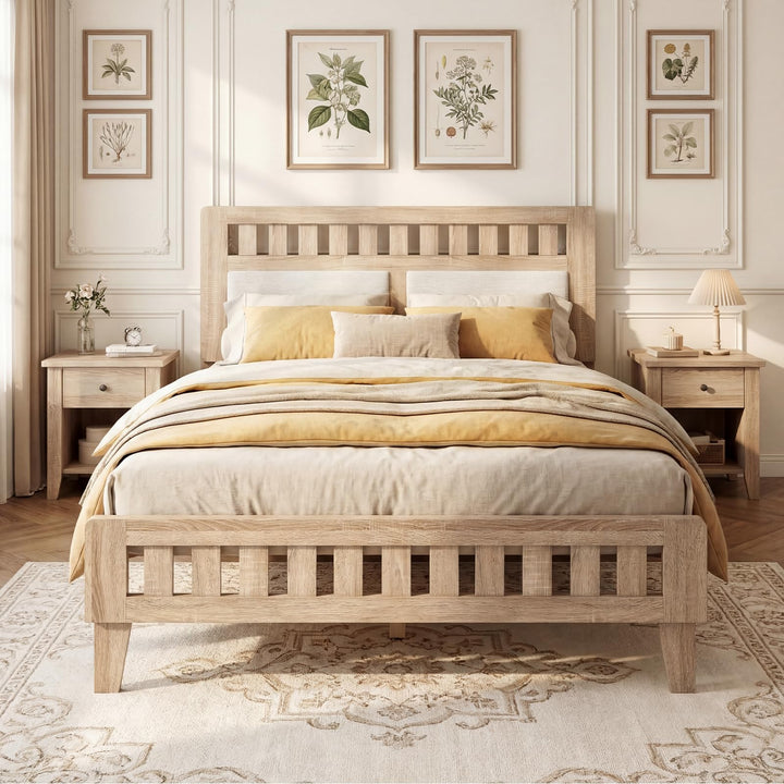 Giantex Mid-Century Wood Bed Frame with Upholstered Headboard (Full/Twin)