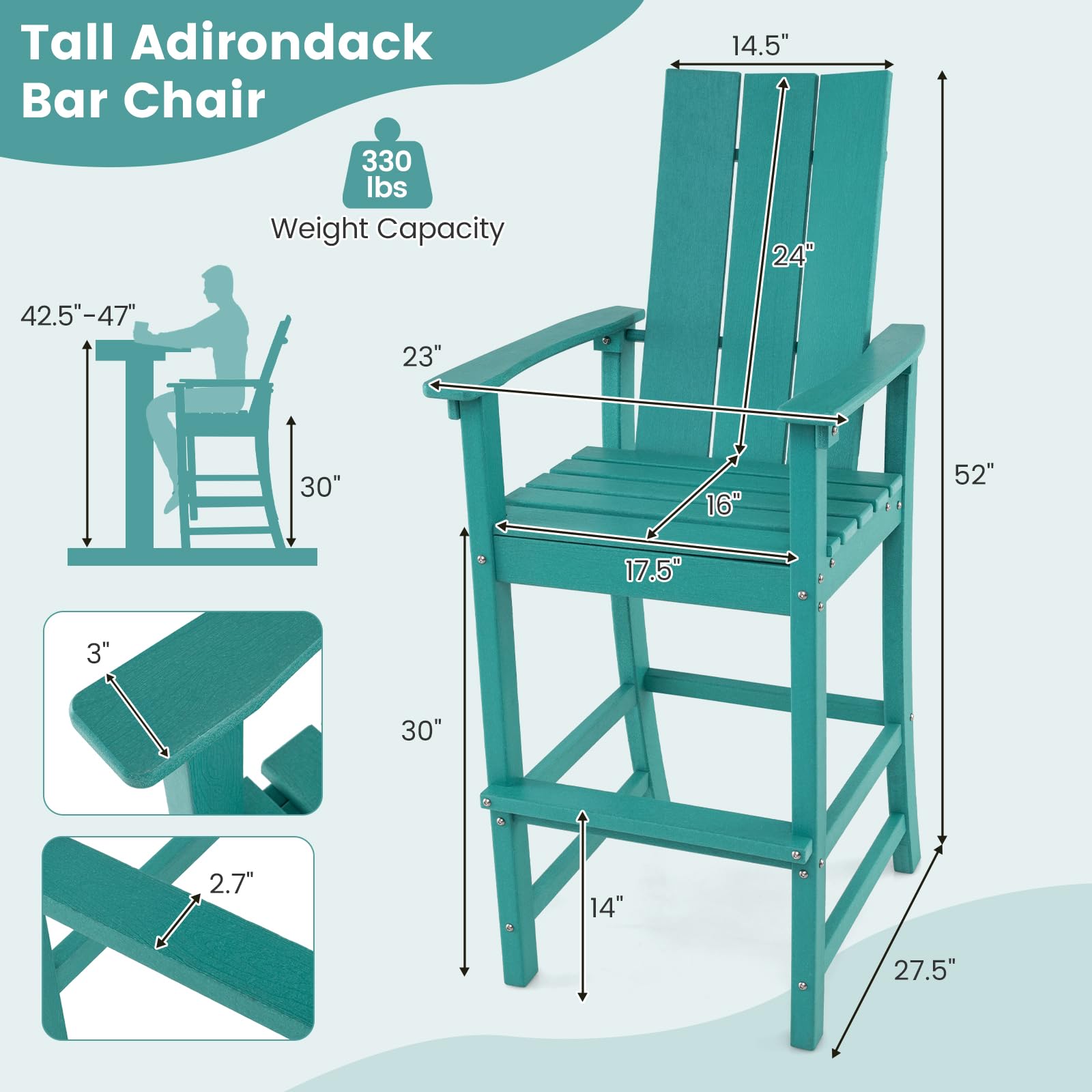 Giantex 52” Tall Adirondack Chair, HDPE Outdoor Bar Stool with Ergonomic Backrest