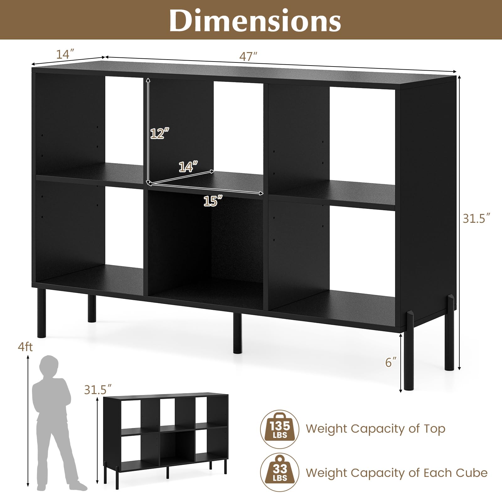 Giantex 6 Cube Bookcase, 3-Tier 47" Long Wood Bookshelf w/ 5 Metal Legs, Adjustable Shelf, Anti-toppling Device