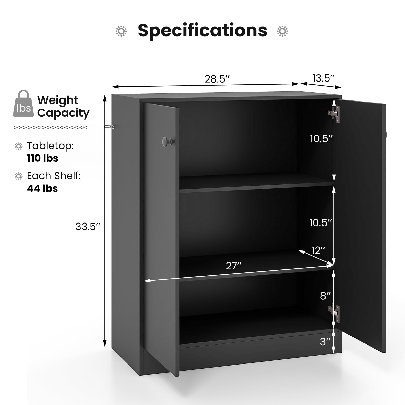 Giantex 2 Door Storage Base Cabinet - Freestanding Floor Cabinet with 3-Tier Shelf