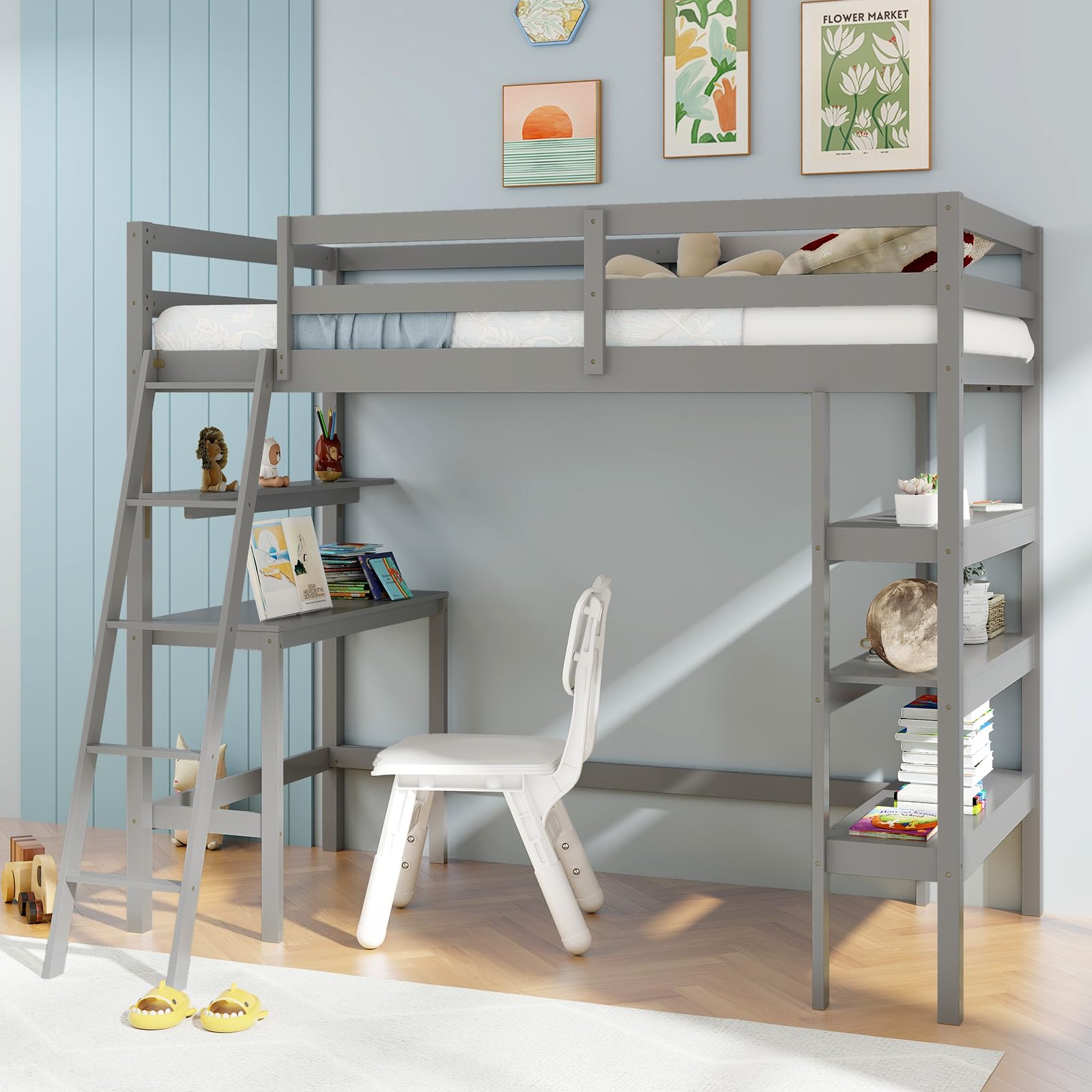 Giantex Loft Bed with Desk & Bookshelves