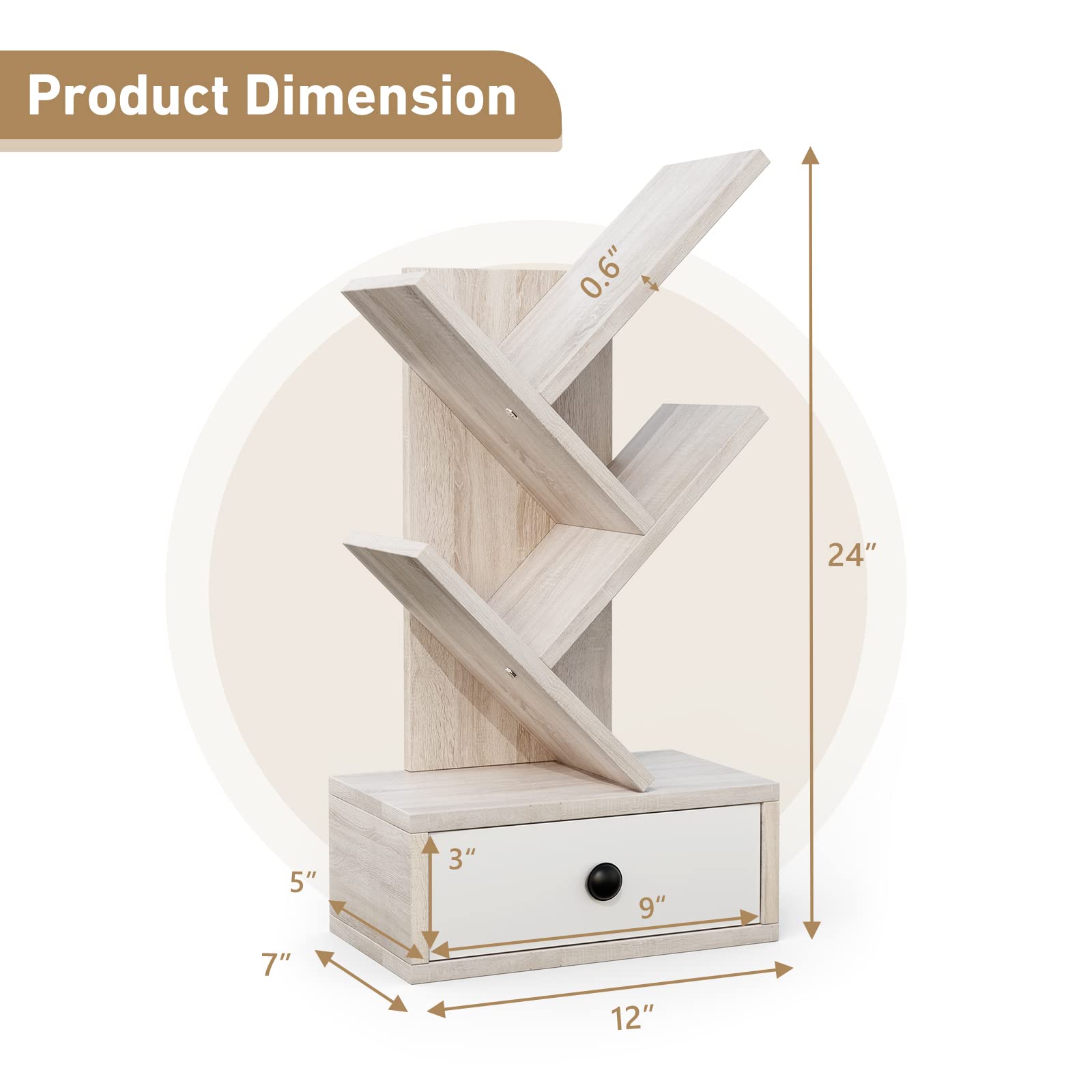 Giantex 5-Tier Tree Bookshelf with Drawer - Freestanding Retro Small Book Storage Rack for Small Place
