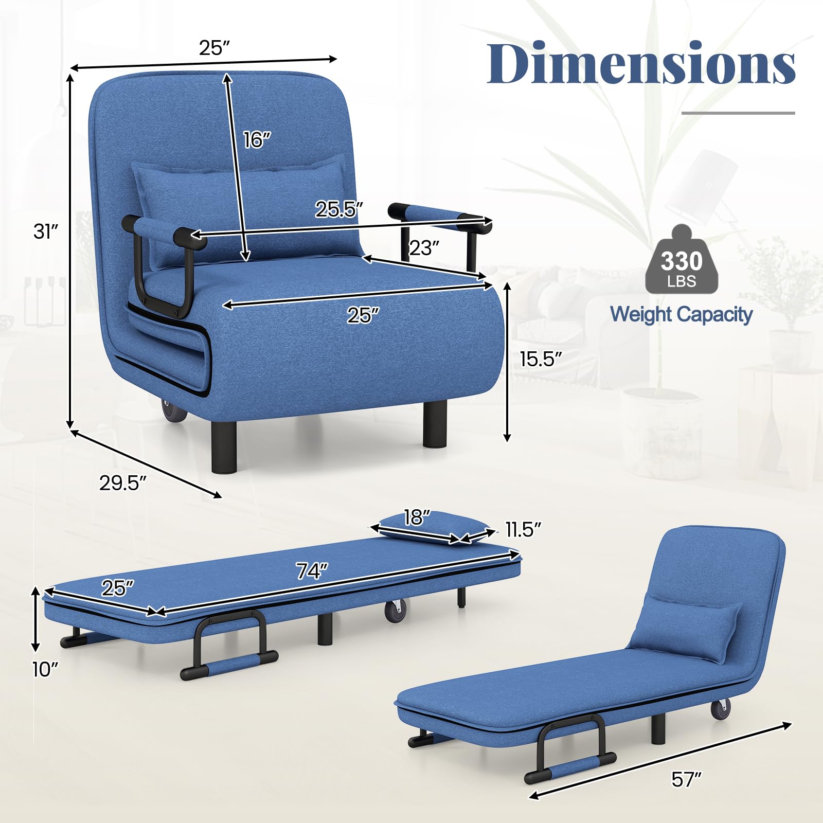 Giantex Convertible Sofa Bed, 3-in-1 Folding Sleeper Chair with 5-Position Adjustable Backrest, Wheels, 2 Legs