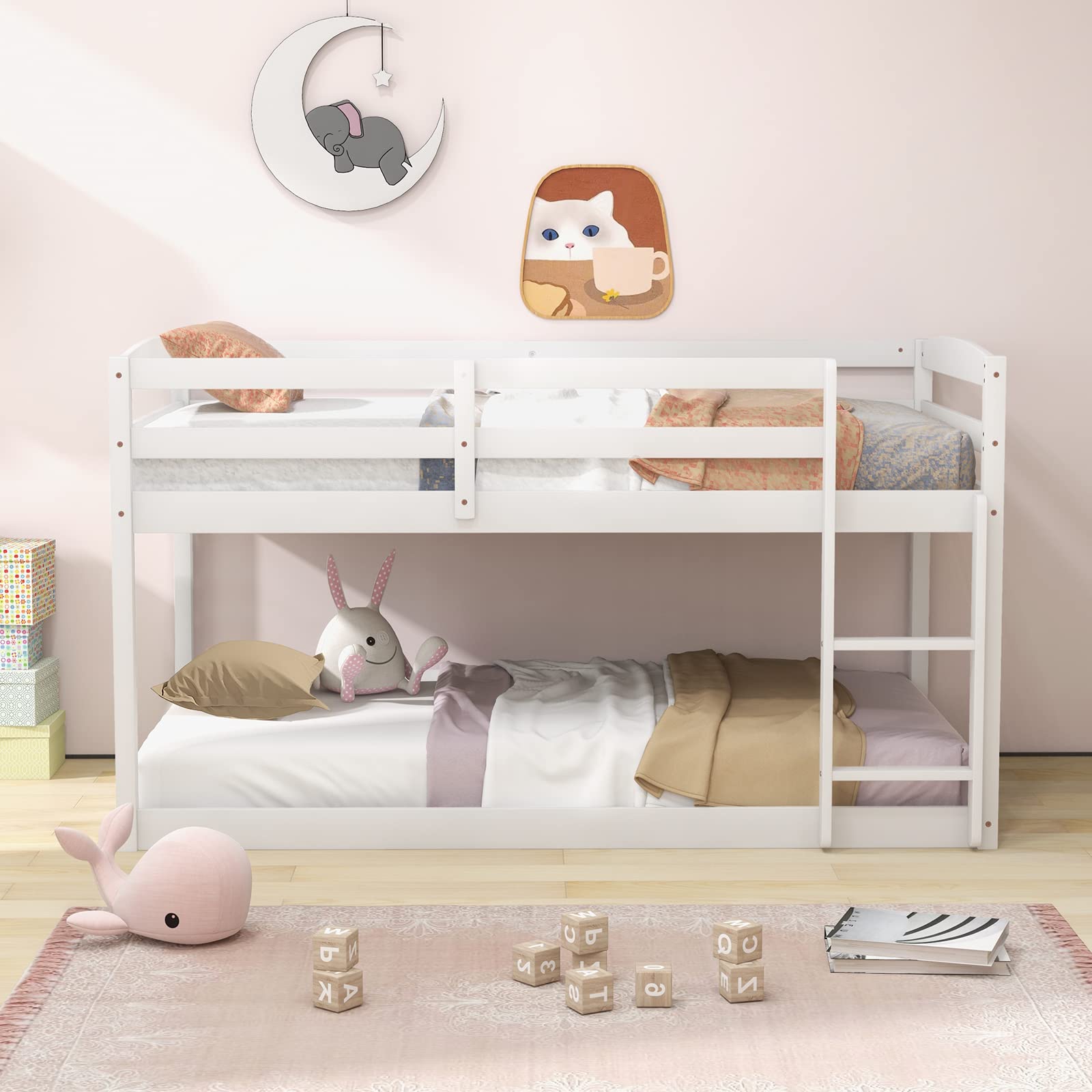 Giantex Twin Low Bunk Bed, Solid Wood Twin Over Twin Bunk Bed Frame with Full Guardrails & Integrated Ladder