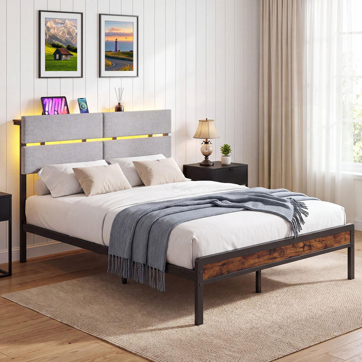 Full Size Metal Bed Frame with Upholstered Headboard &amp; Charging Station