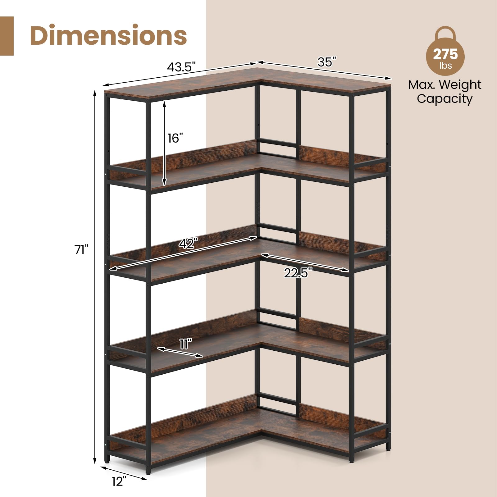 Giantex 5 Tier Corner Bookshelf with Metal Frame for Living Room
