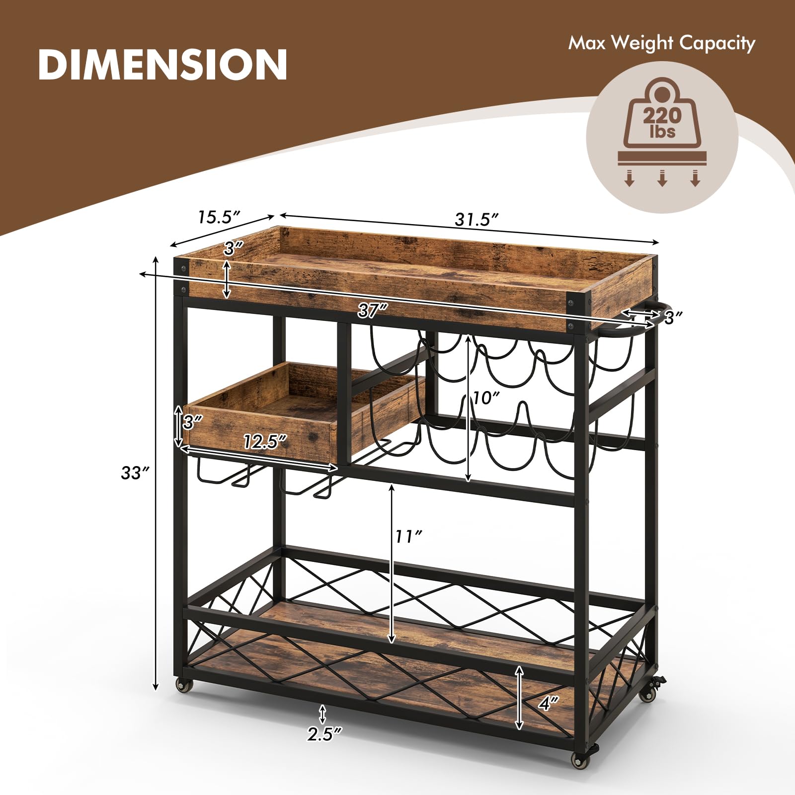 Giantex Home Bar Serving Cart, 3-Tier Rolling Bar Cart with Removable Tray, Wine Rack & Glass Holder, Rustic Brown