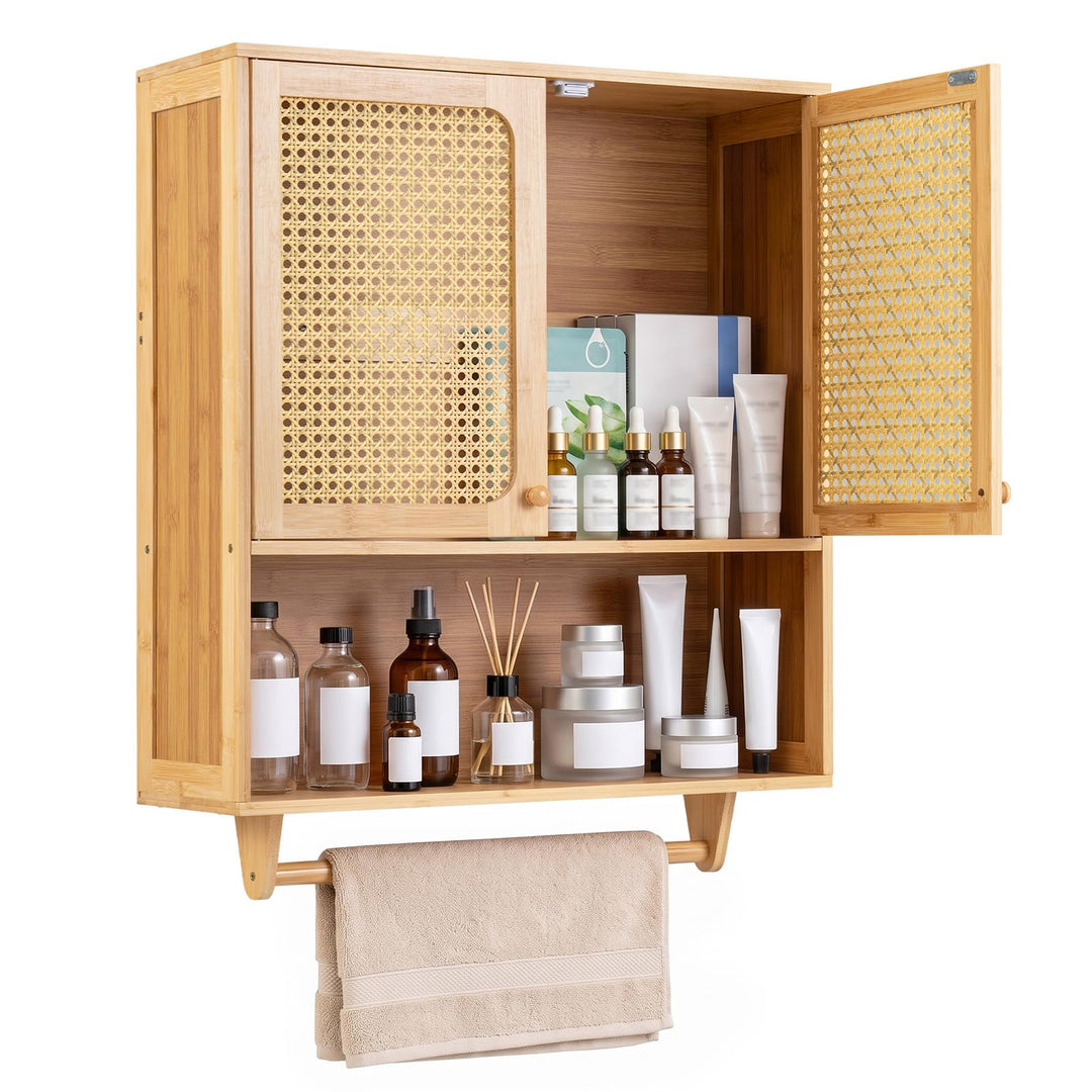GIANTEX Wall Mounted Bamboo Bathroom Wall Cabinet with Towel Rack