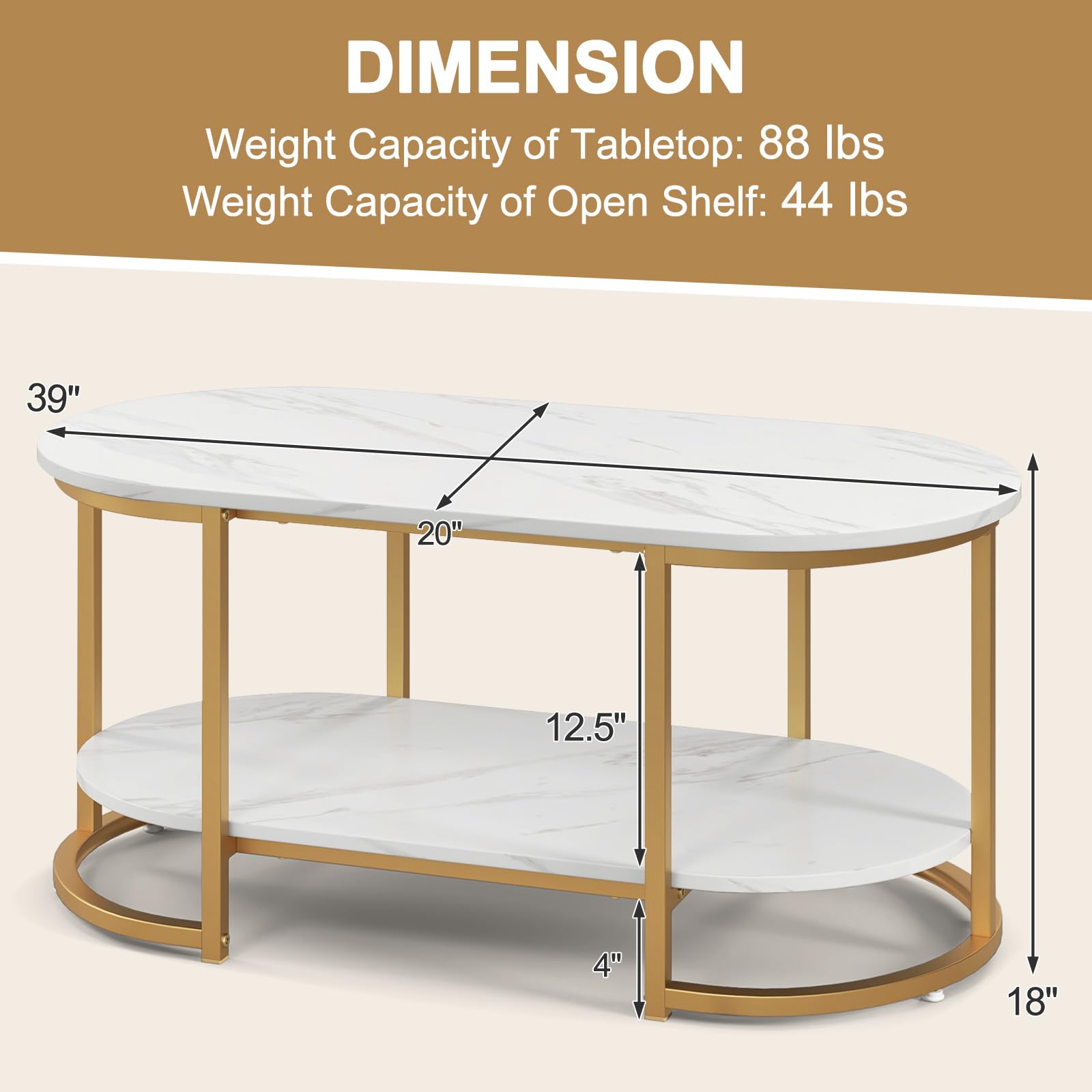 Giantex White Marble Coffee Table - Modern 2-Tier Center Table w/Open Storage Shelf