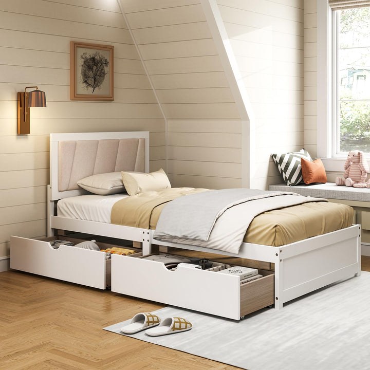 Giantex Wood Twin Bed with 2 Storage Drawers, Solid Wood Platform Bed with Upholstered Headboard