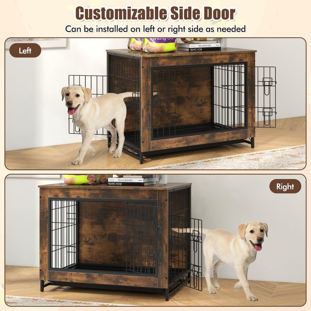 Giantex Dog Crate Furniture - Dog Kennel Side Table with Double Doors & Removable Pull-Out Tray