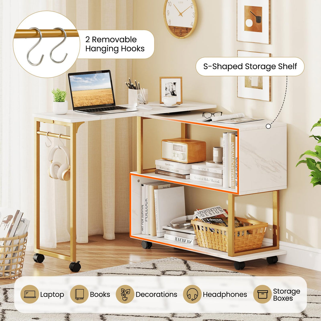 Giantex 360° Free Rotating Sofa Side Table Modern L Shaped Desk with Storage Bookcase