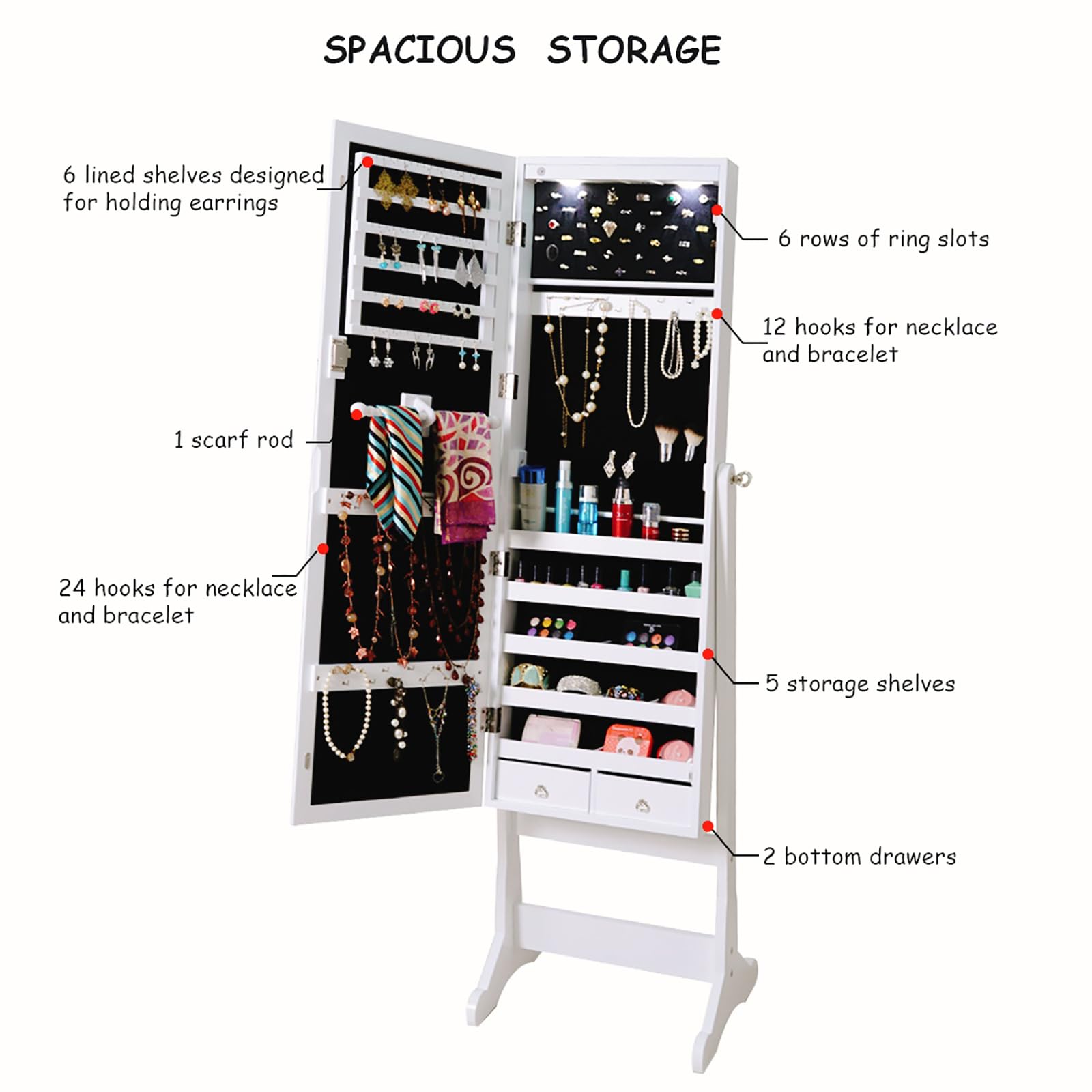 Giantex 57.5"H 2 LEDs Standing Jewelry Cabinet with Full Length Mirror with 2 Drawers, 4 Adjustable Angles, Jewelry Storage Organizer