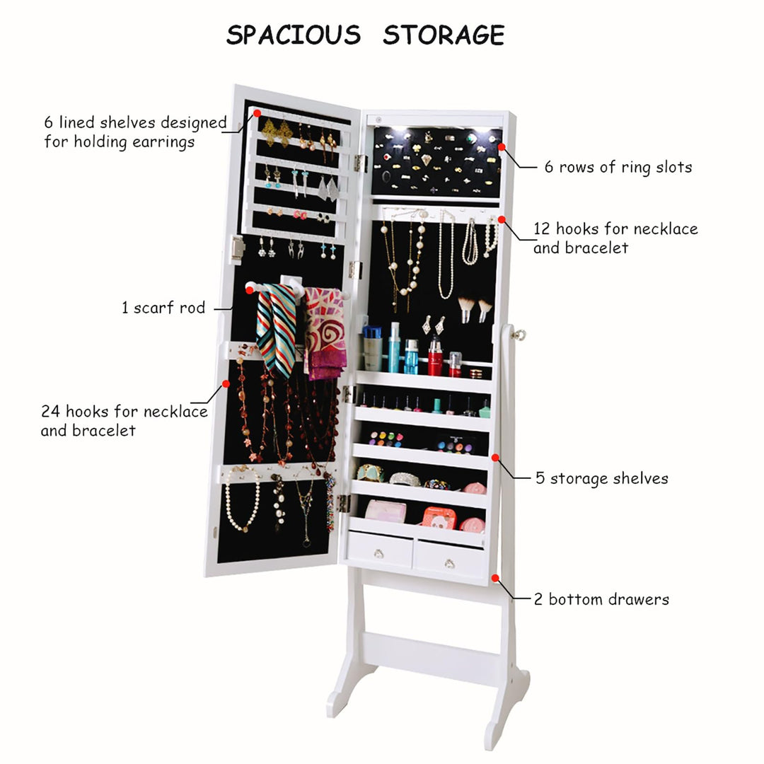 Giantex 57.5"H 2 LEDs Standing Jewelry Cabinet with Full Length Mirror with 2 Drawers, 4 Adjustable Angles, Jewelry Storage Organizer