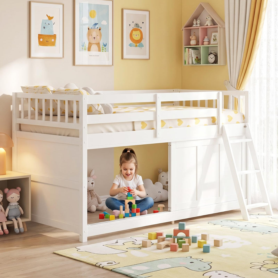 GIANTEX Wooden Low Loft Bed Twin Size with Sliding Door