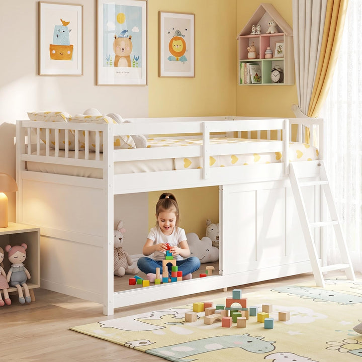 GIANTEX Wooden Low Loft Bed Twin Size with Sliding Door