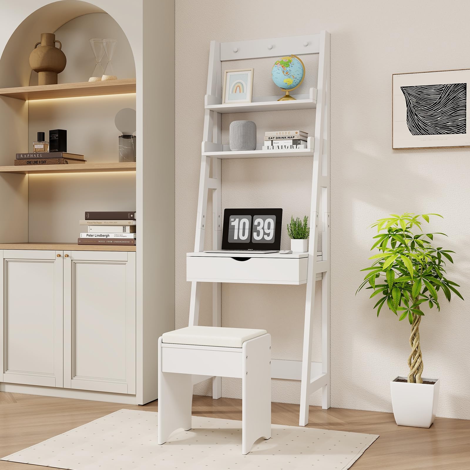 CHARMAID Small Vanity Desk with Mirror, Ladder Makeup Vanity Table with Flip top Mirror