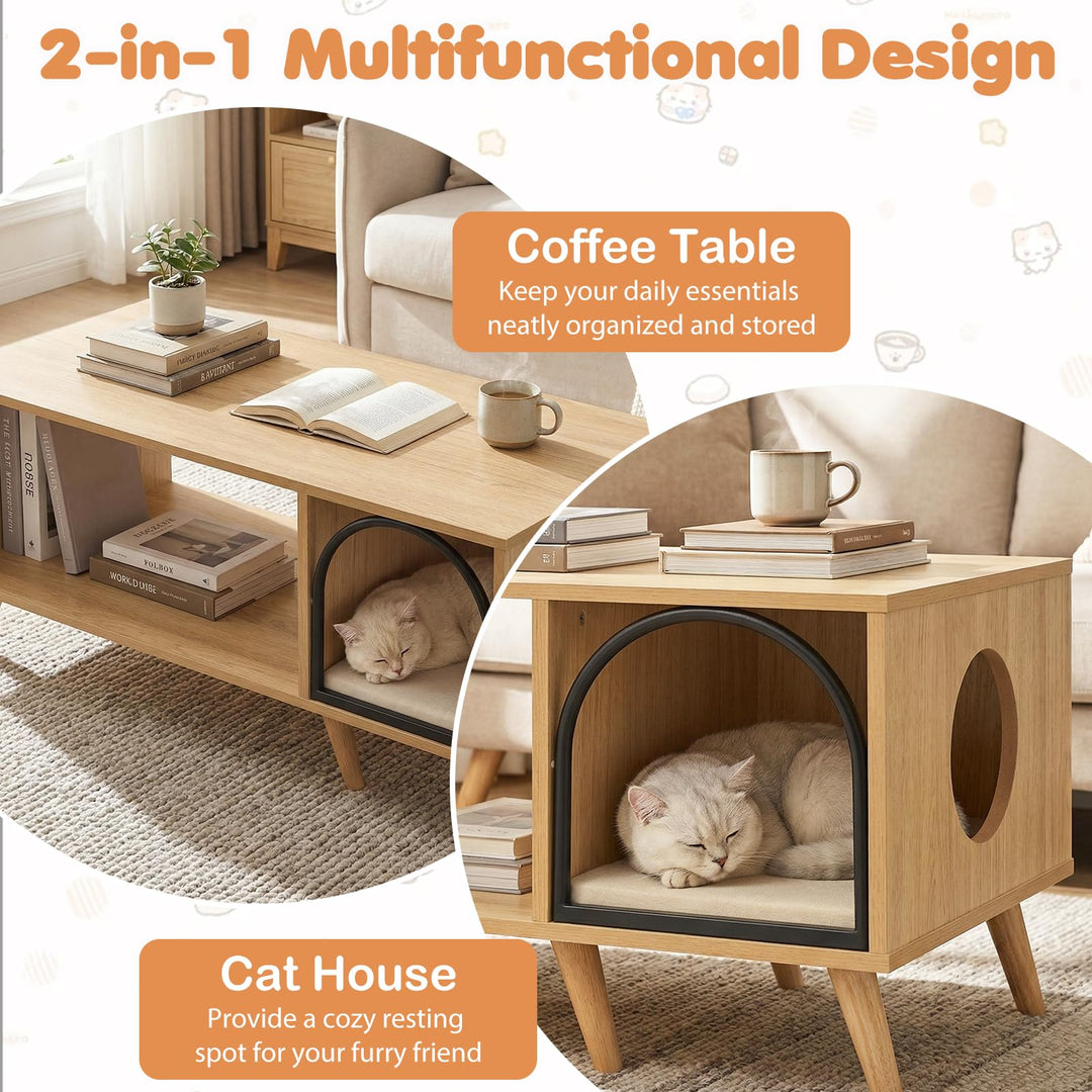 Giantex 2 in 1 Coffee Table with Cat House for Entryway Home