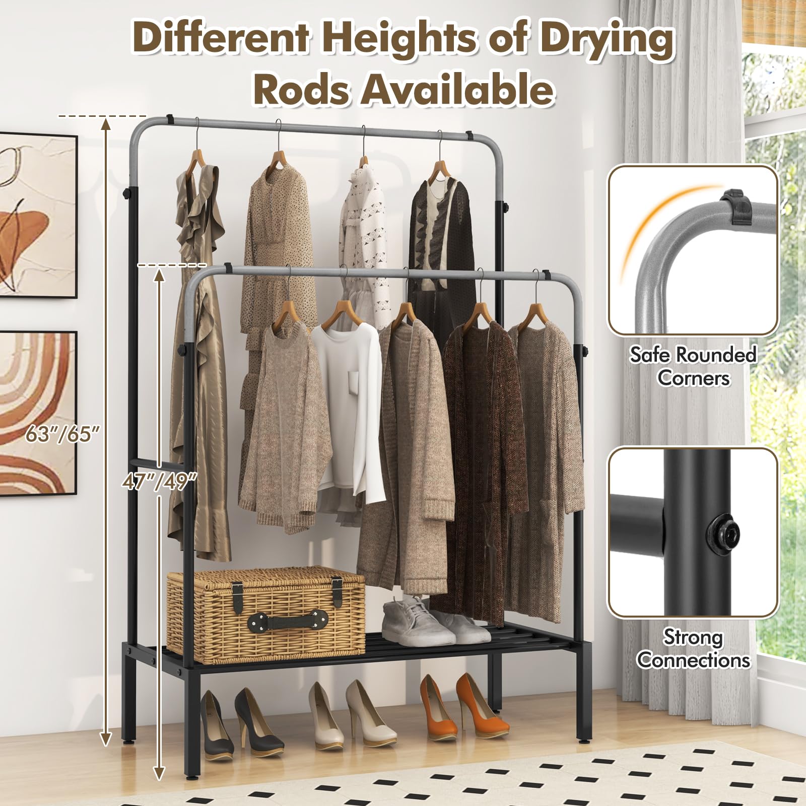 Giantex Double Rods Garment Rack, 2 Heights Adjustable Clothing Rack, Heavy Duty Metal Frame Hanging Clothes Rack