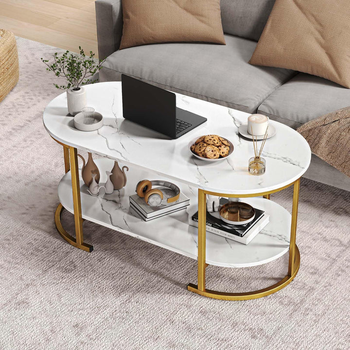 Giantex 2-Tier Coffee Table Oval Center Table with Wood Grain Top & Open Storage Shelf