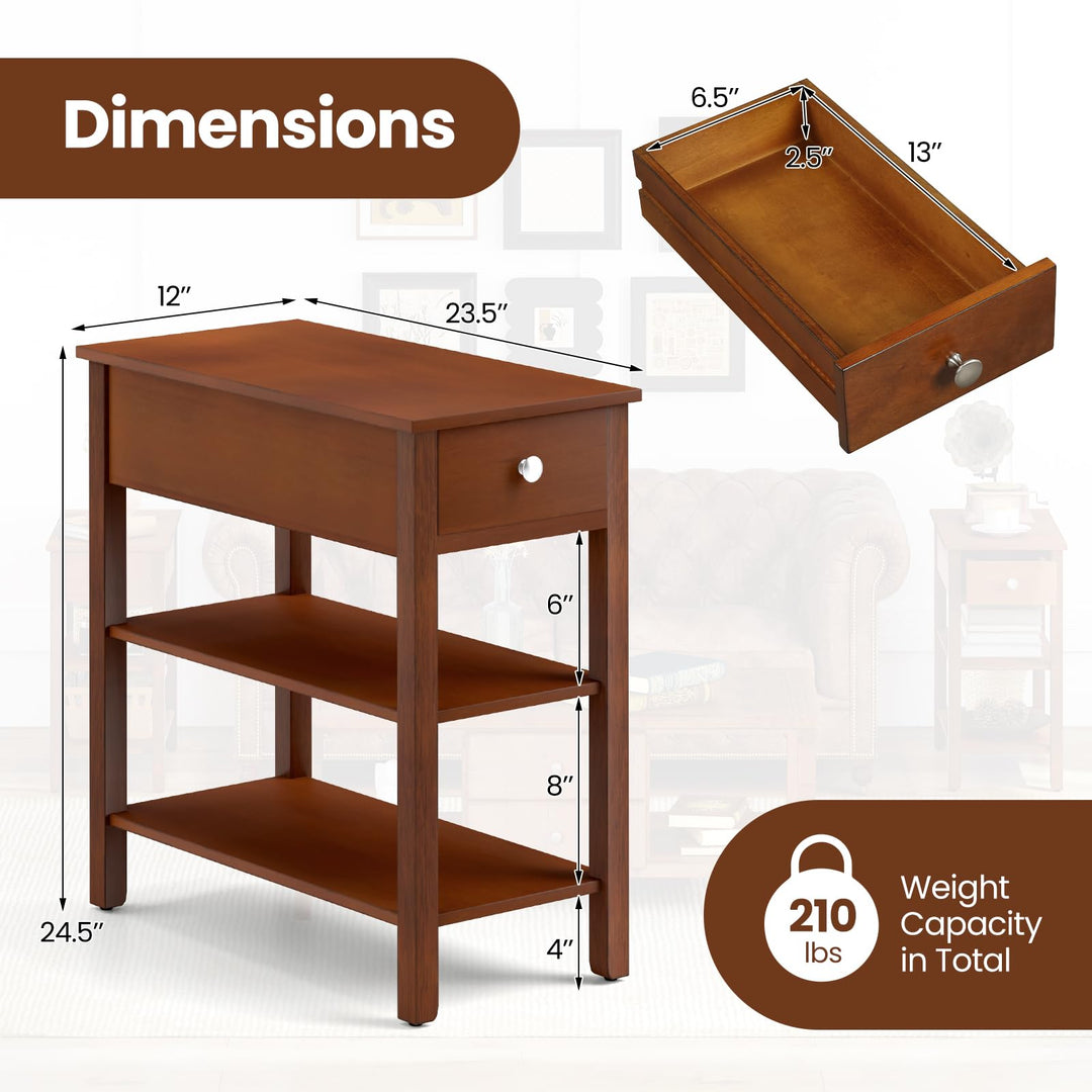Ginatex Narrow Side Table Small End Tables with Drawer & Open Storage Shelves