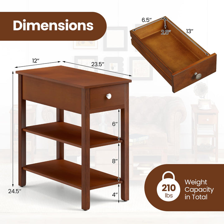 Ginatex Narrow Side Table Small End Tables with Drawer & Open Storage Shelves