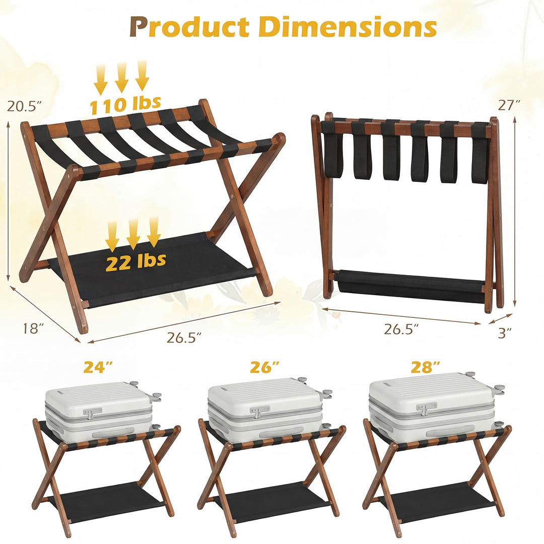 Giantex Folding Luggage Rack | Solid Rubber Wood Suitcase Stand with Storage Shelves