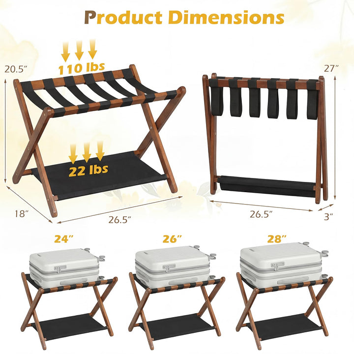 Giantex Folding Luggage Rack | Solid Rubber Wood Suitcase Stand with Storage Shelves