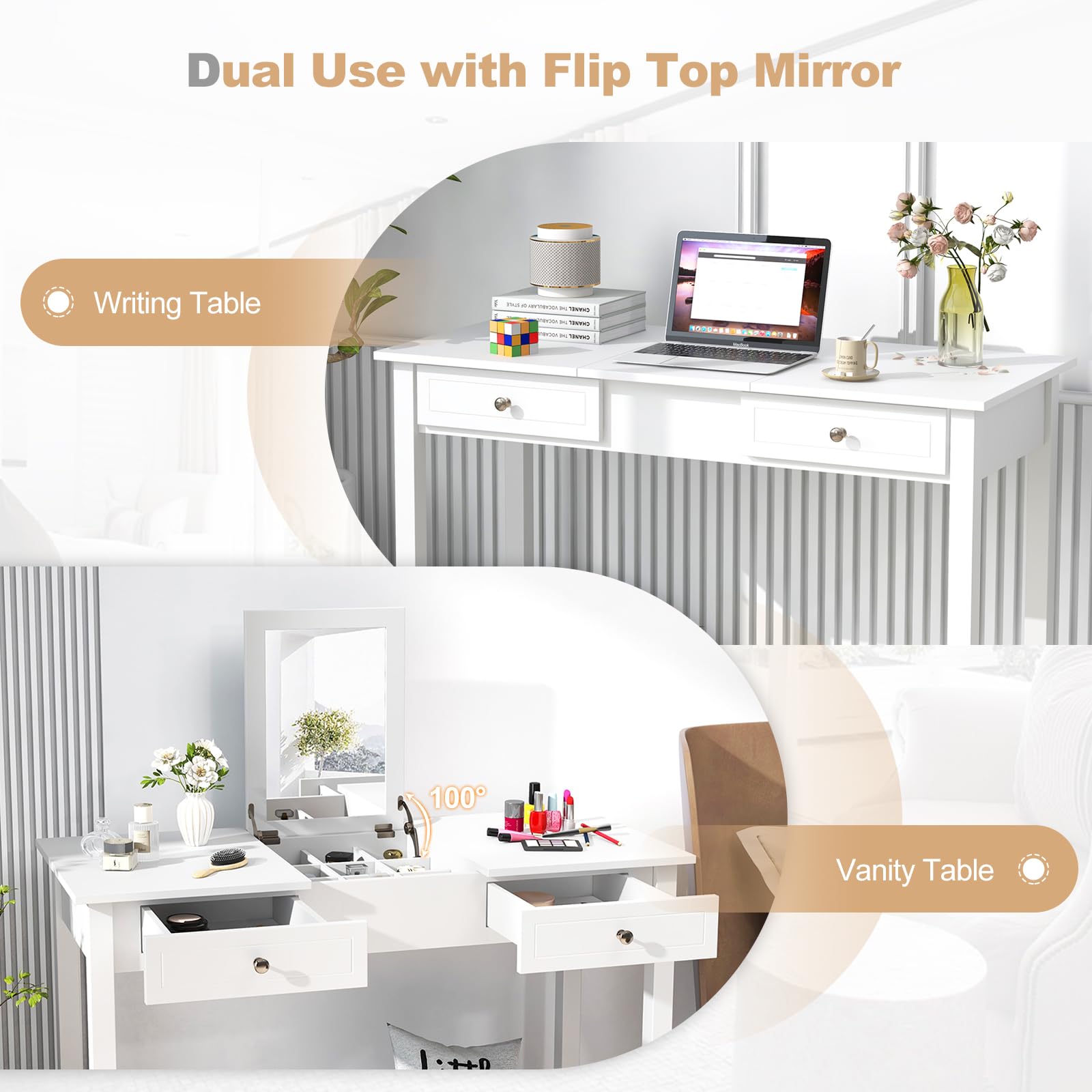 CHARMAID Makeup Vanity Desk - 44 inch White Vanity Desk with Flip Top Mirror